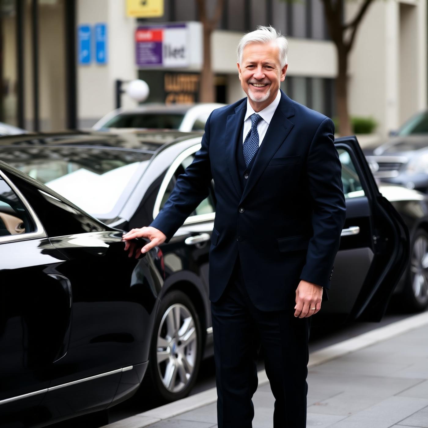 Chauffeur in dark navy suit standing beside a black luxury sedan on a Melbourne street