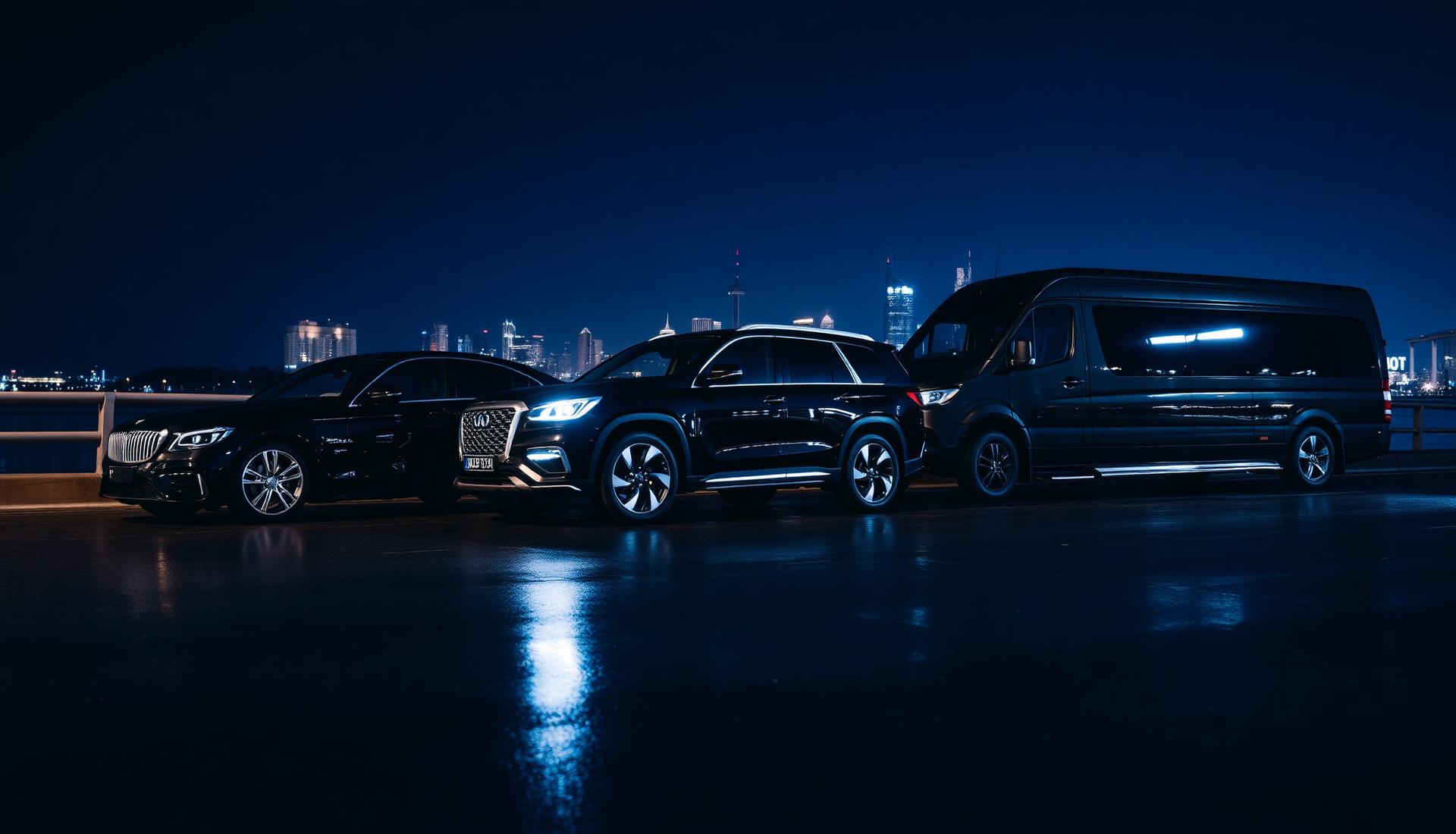 Fleet lineup — sedan, SUV and people-mover in front of Melbourne skyline at night