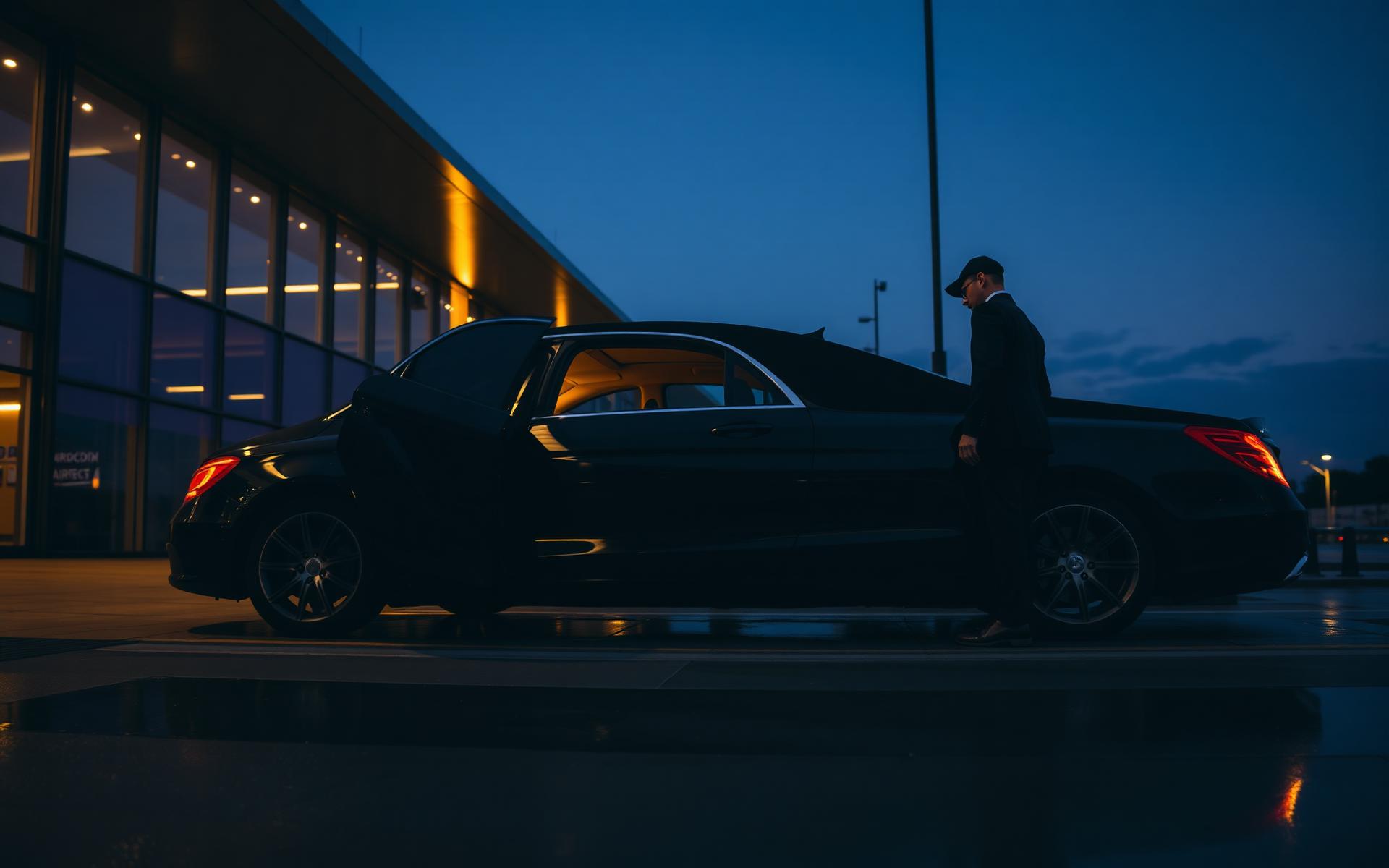 Chauffeur in dark suit opening the rear door of a black luxury sedan at Melbourne Airport at dusk