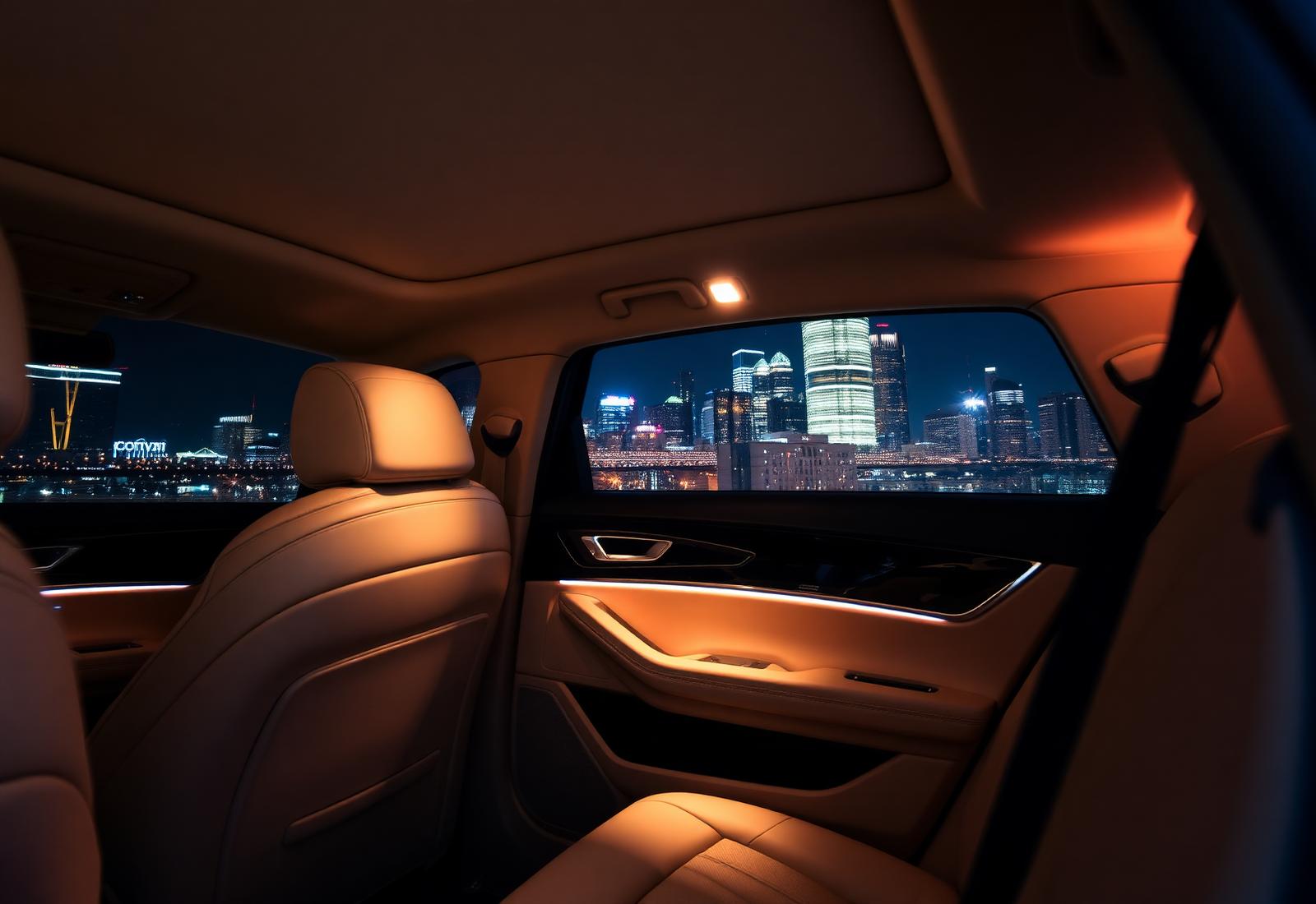 Cream leather back seat of a premium sedan at night, Melbourne skyline through the window