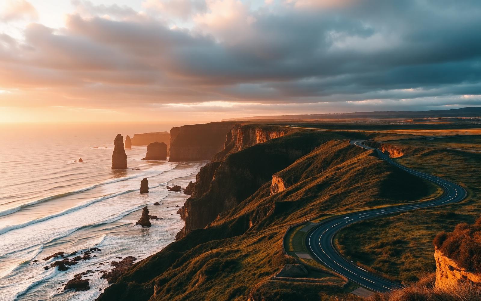 Winding Great Ocean Road along dramatic Victorian coastline at sunset